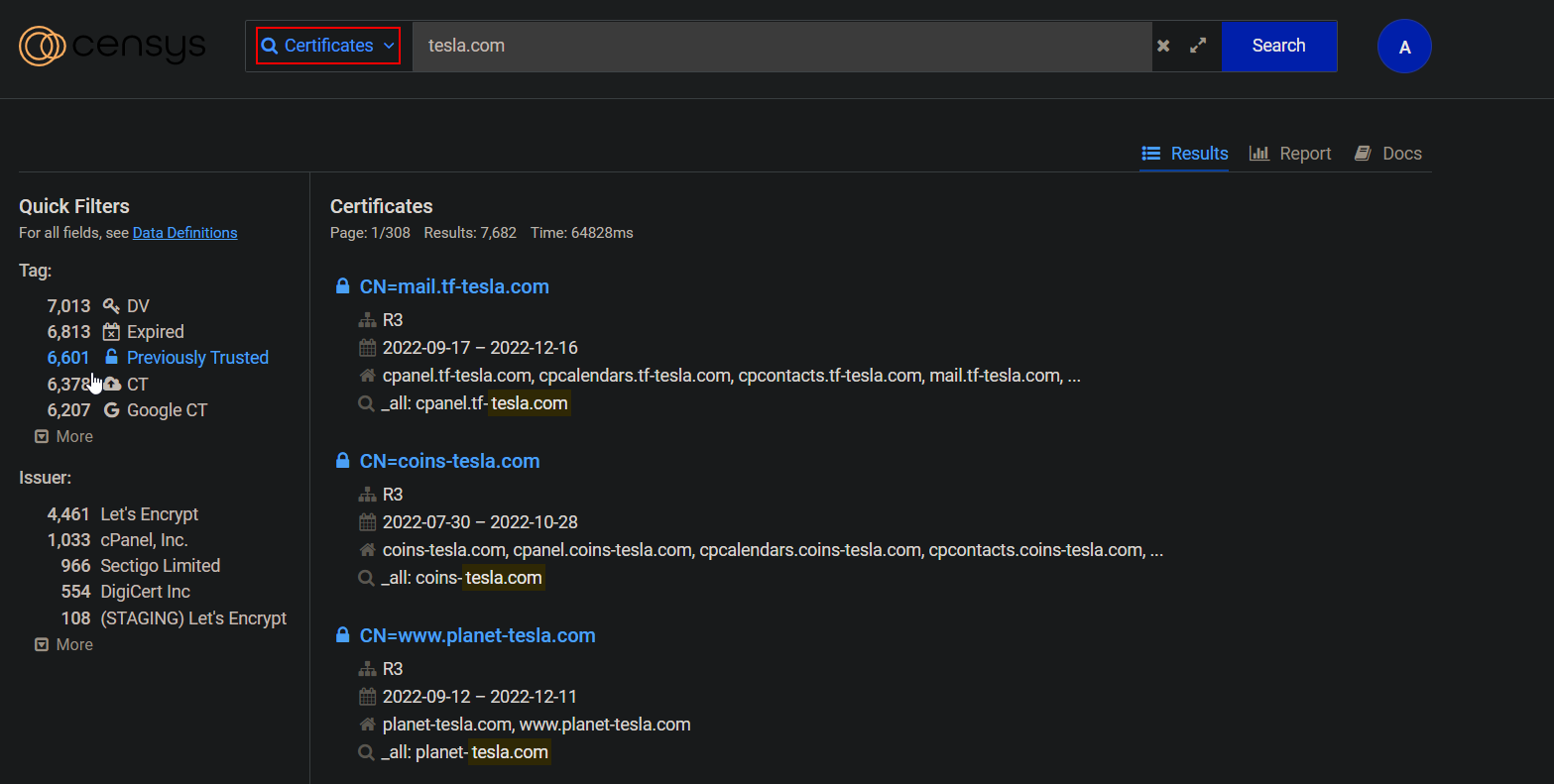 Censys.io searching certificates.
